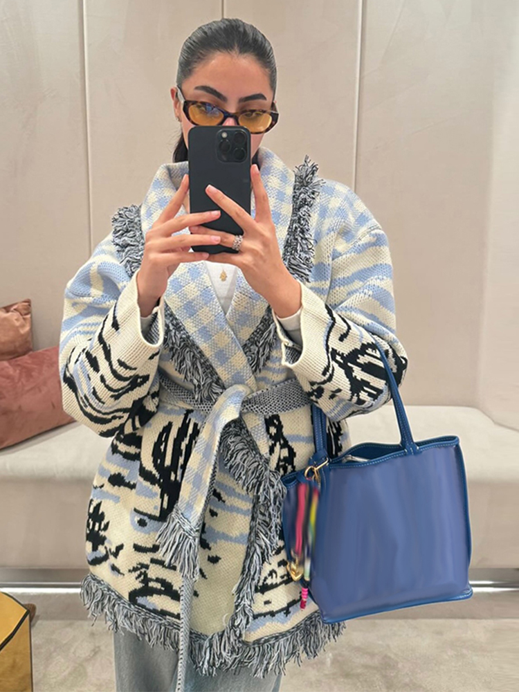 Tassel Fringe Trim - 2026秋冬プリントニットタッセルカーディガン レディース ベルト付き ブルー Vネック 長袖