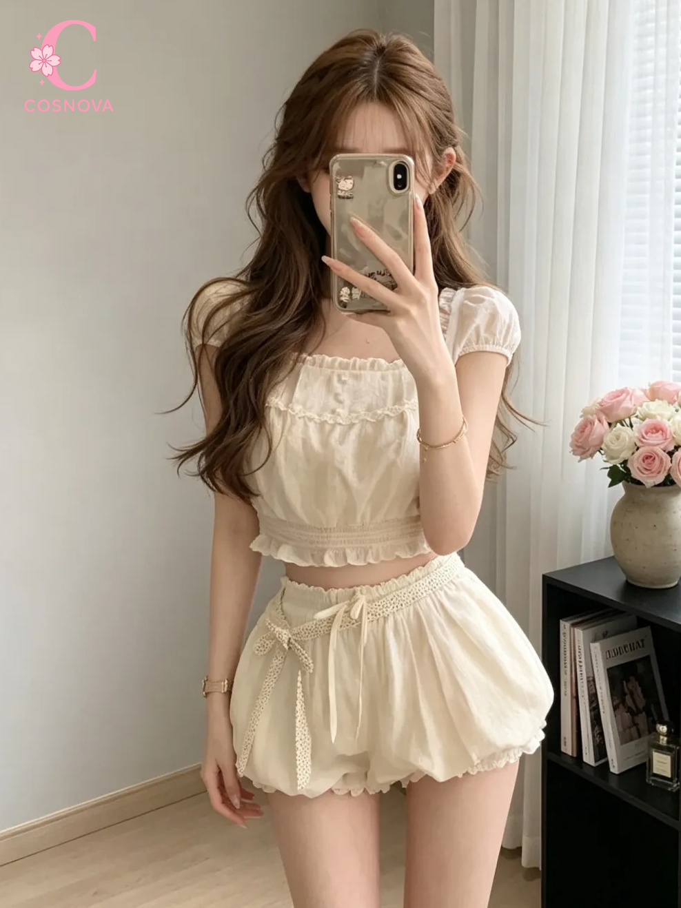 Elastic Lace Trim - 夏のコケットスイート2ピースセット レディース スクエアネック パフスリーブ ルシュドクロップトップ レーストリム