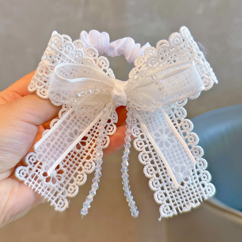 Tassel Fringe Trim - 伸縮性のあるヘアゴム ホワイトレースボウ パールタッセルリボン エレガント 子供用 日常