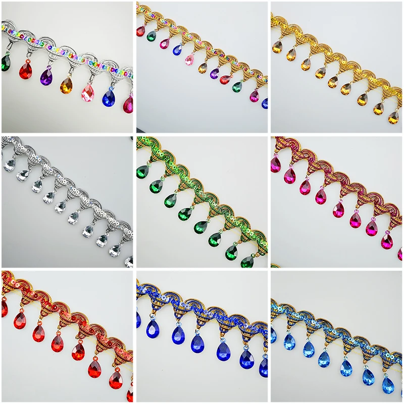 Tassel Fringe Trim - ラインストーンフリンジタッセルレーストリム、アクリル宝石ペンダント付きパゴダ型、幅45mm、ウェディングドレスDIY縫製、エスニックアクセサリー用