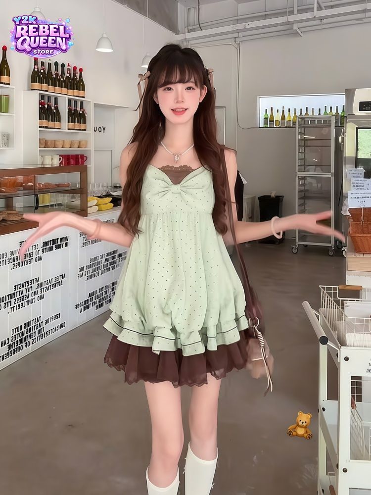 Elastic Lace Trim - コケットスイート韓国風ポルカドットキャミソールドレス レディース レーストリム リボン フリル バブルヘム
