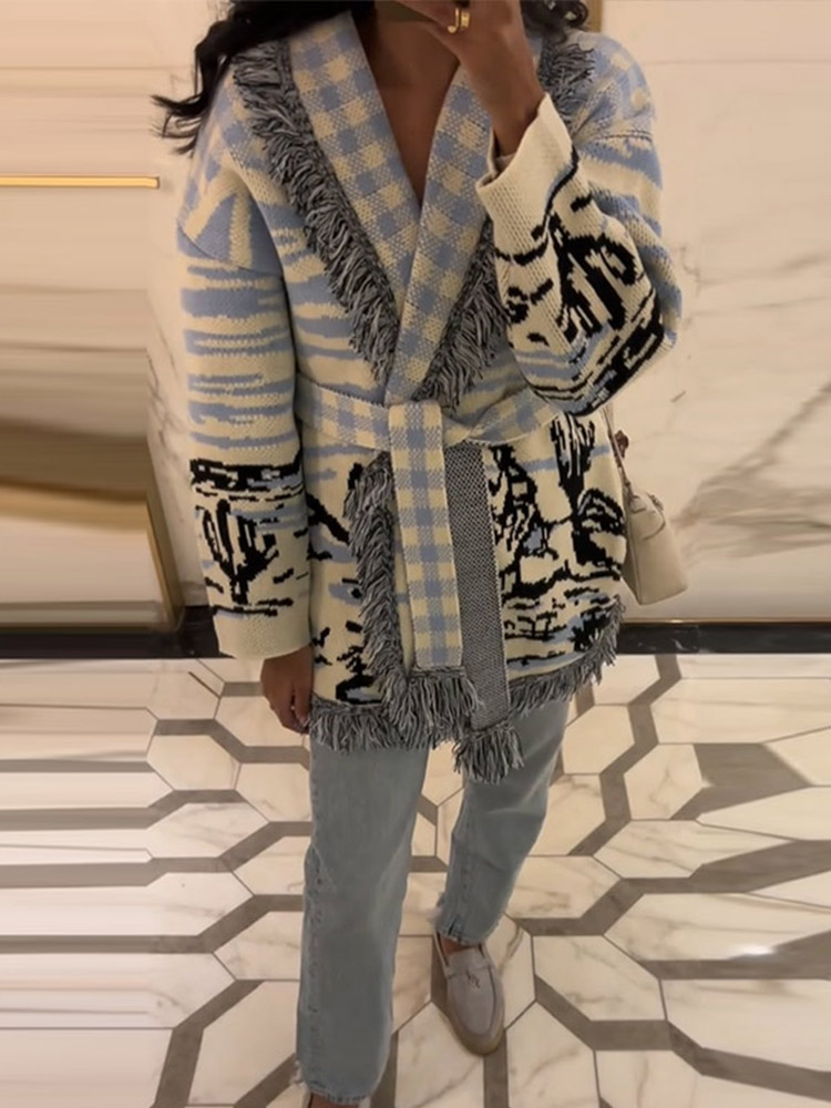 2026秋冬プリントニットタッセルカーディガン レディース  - Tassel Fringe Trim のレビューと価格