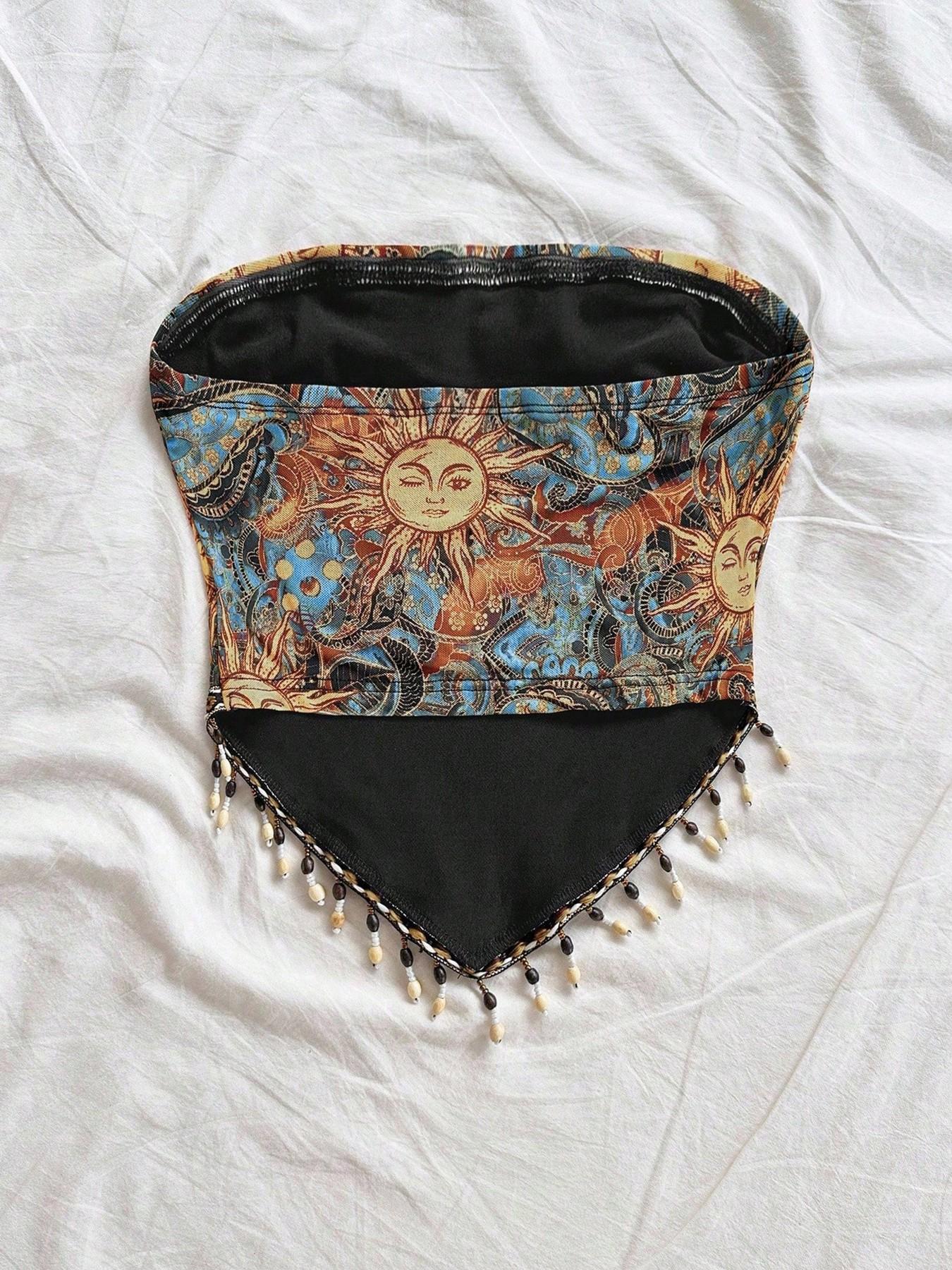 レディース 1ピース プリントメッシュニットチューブトップ、 - Beaded Trim Fringe のレビューと価格