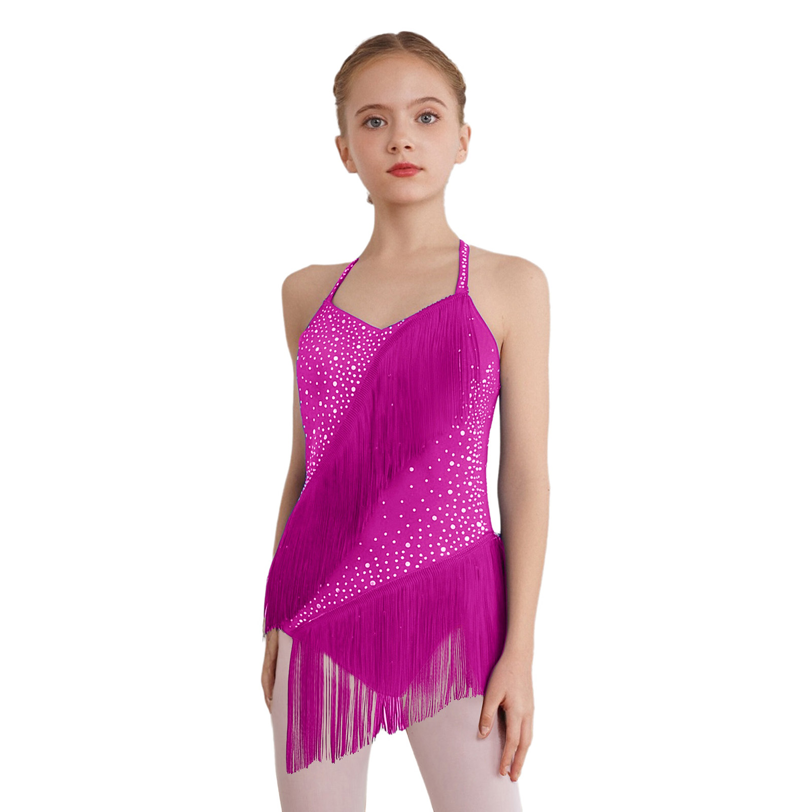 女の子タッセルラテンダンスレオタードノースリーブホルターバッ - Rhinestone Banding Trim のレビューと価格