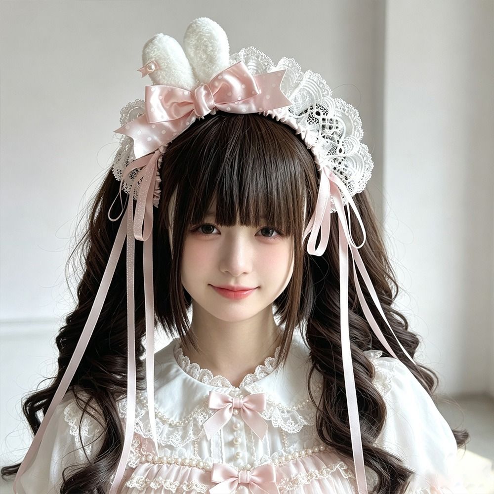新しいポルカドット柄のリボン付きバニー耳ヘッドバンド ミニバ - Lace Ribbon Trim のレビューと価格